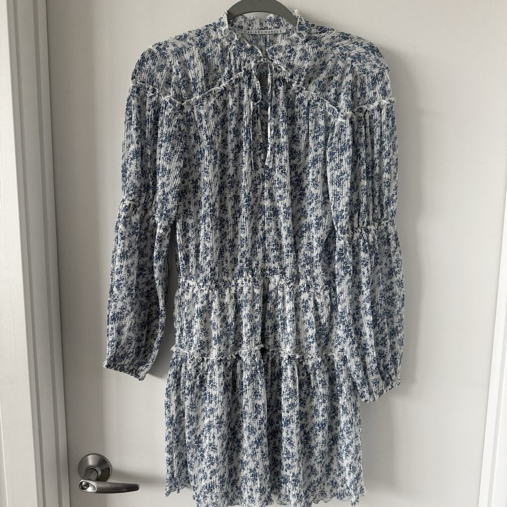 Floral‎ Mini Dress S Blue White Sheer Long Sleeve Cottagecore